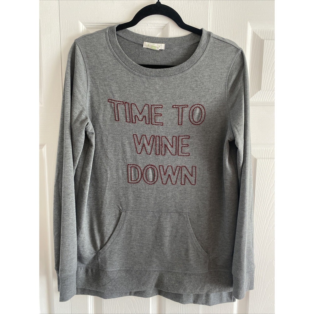 C. Wonder Time To Wine Down Sweatshirt Womens Size M Gray Graphic Pocket Top
